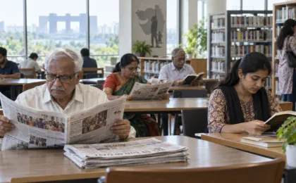 ગુજરાતના જાહેર પુસ્તકાલયમાં વાંચતા લોકોનું AI દ્વારા બનાવેલું ડેમો દૃશ્ય